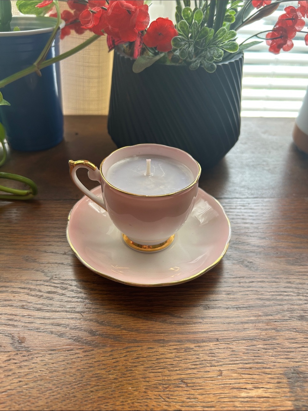 Pink Teacup & Saucer Candle with Gold Trim